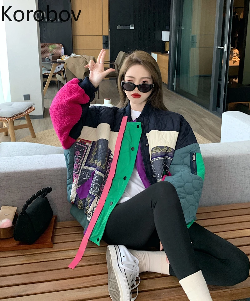 Korobov Korean Harajuku Ulzzang Women Coats Vintage Hit Color Patchwork Oversize Female Jackets Streetwear Warm Parkas Coat