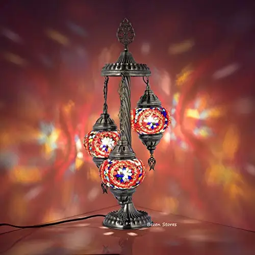 

11 VariationTurkish Moroccan Mosaic Table Lamp, 3 Globes Bohemian Bedside lamp Hand Made Ottoman Lamp (Multicoloured)