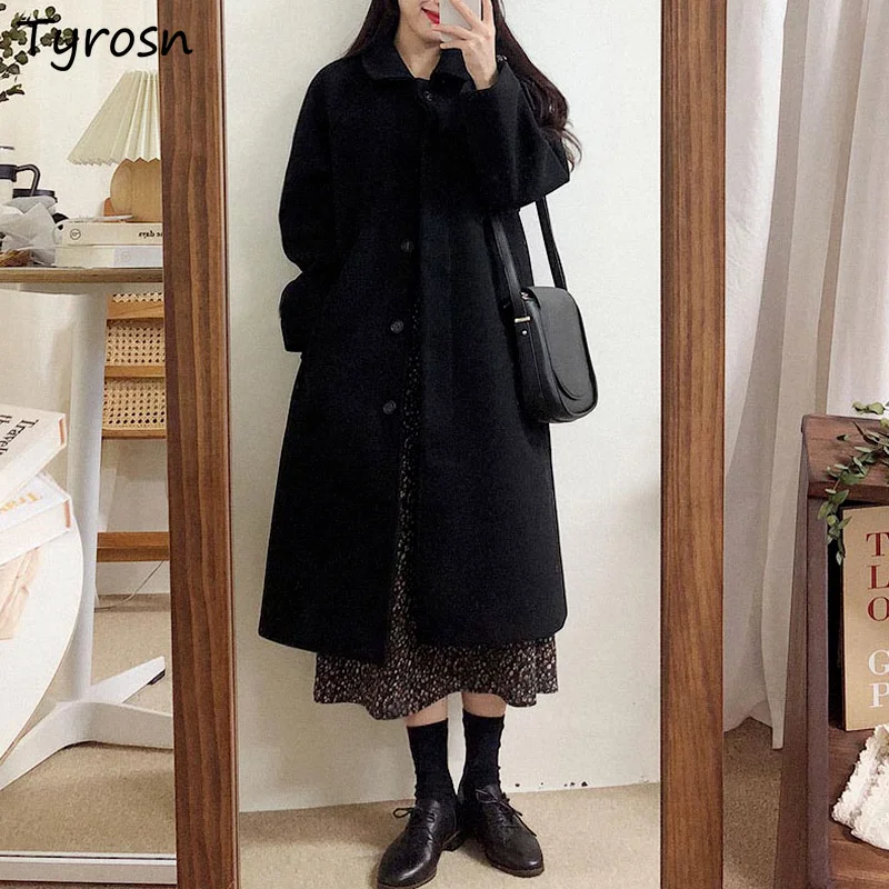 

Women Wool Coats Single Breasted Solid Outwear Blends Turn-down Collar Femme Hepburn Streetwear New Leisure Vintage Warm Elegant