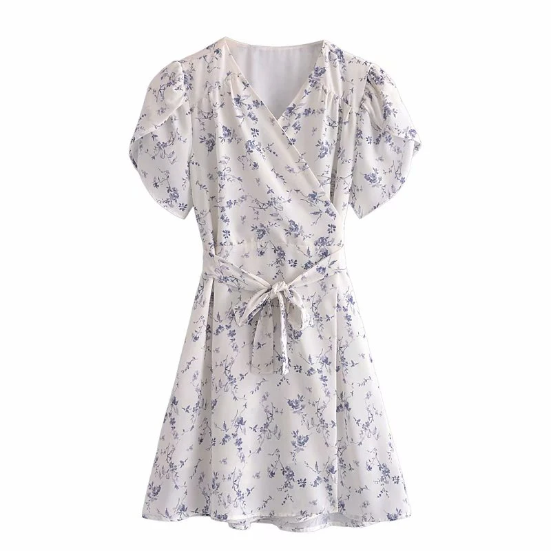 

YENKYE Holiday Summer Dress 2021 Women Vintage Ink Printing Wrap Dress Ladies Cross V Neck Puff Sleeve A-line Chiffon Vestido