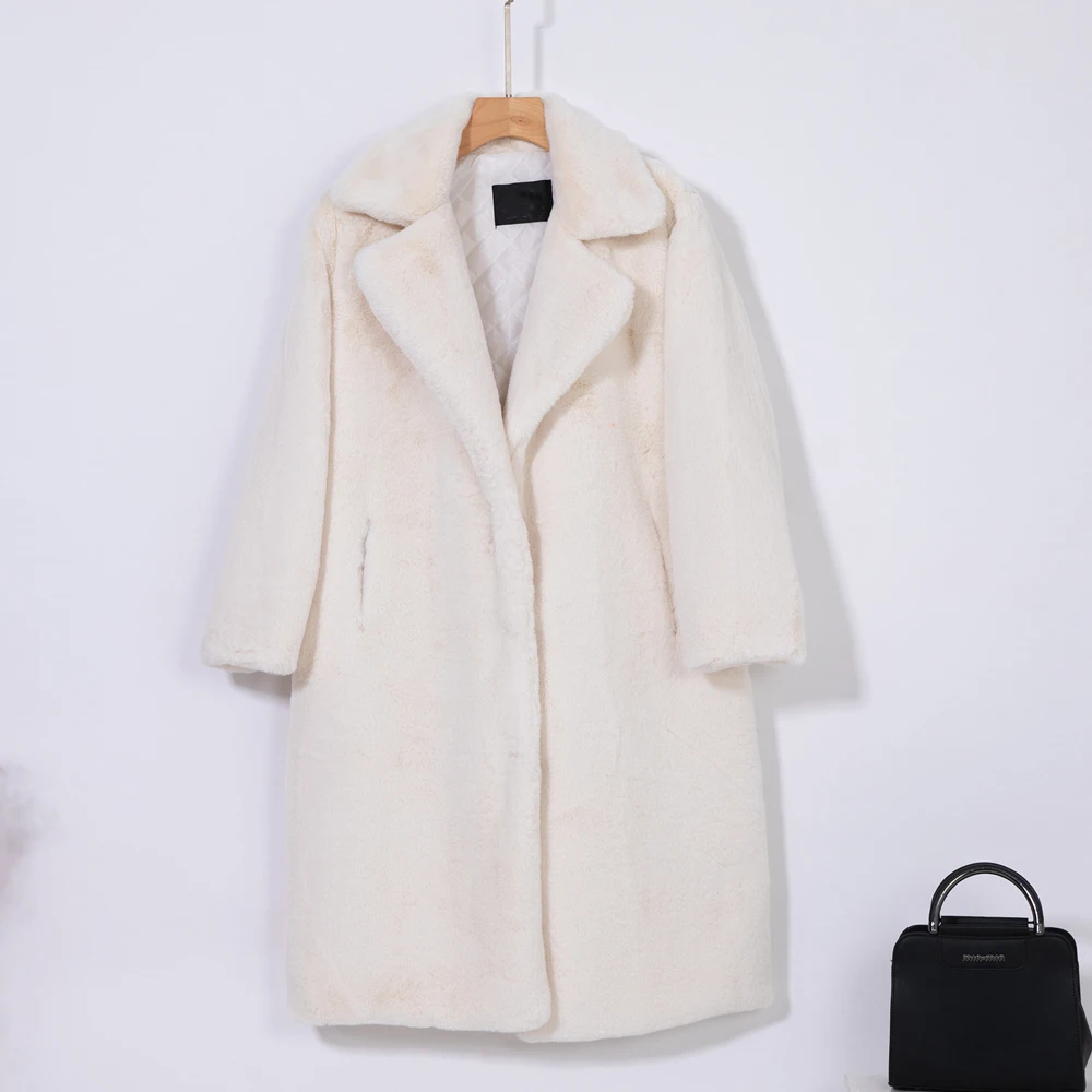 2023 New Women Winter Warm Faux Fur Coat Thick Women Long Coat Turn Down Collar Women Warm Coat With Belt Casaco Feminino