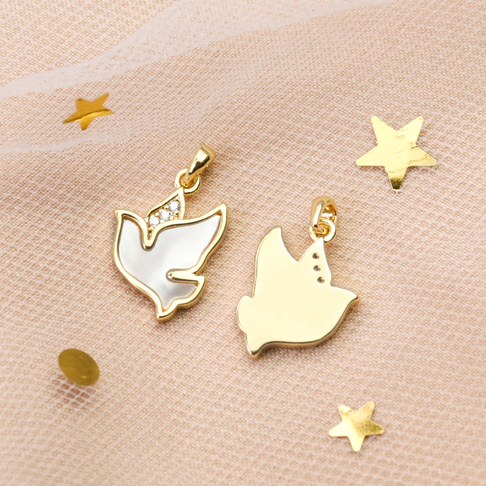 Natural White Shell Peace Dove Bird Charms Inlaid Zircon Gold Plated Pendant Earrings Necklace Women DIY Jewelry Accessories