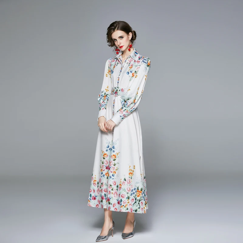 Designer Runway Spring Bohemian Maxi Dress Women\'s Long Sleeve Single Breasted Vintage Floral Print Elegant Long Dress With Belt