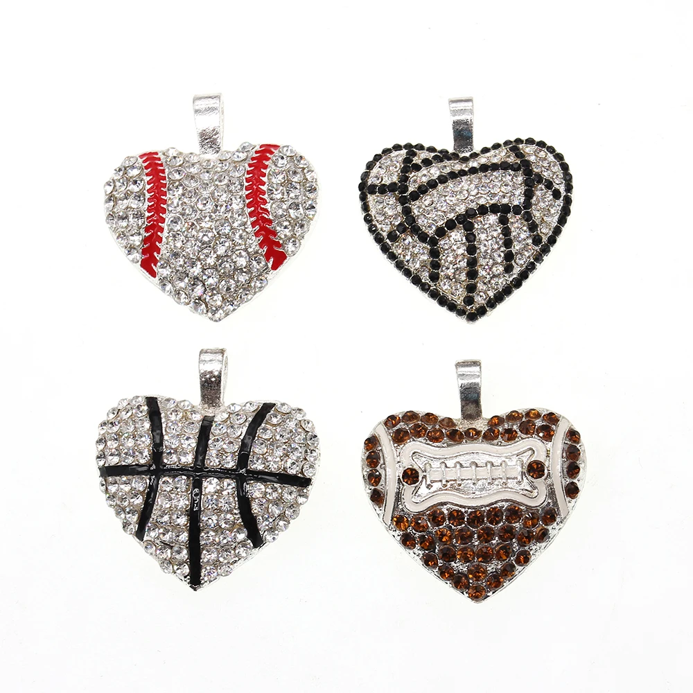 50pcs/lot Free Shipping Heart Shape Rhinestone Pendant Baseball Basketball Baseball Football Sport Pendant Necklace