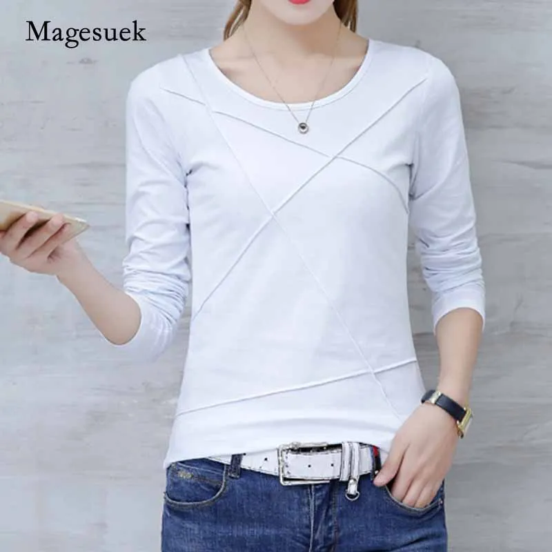 2020 Autumn Casual Slim Solid Korean Office Lady Clothes Elegant Long Sleeve Shirt Women New Cotton O-neck Slim T-shirt 10713