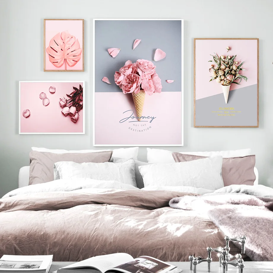 Pink Flower Rose Monstera Sweet Tube HD Wall Art Canvas Painting Nordic Posters And Prints Wall Pictures For Living Room Decor