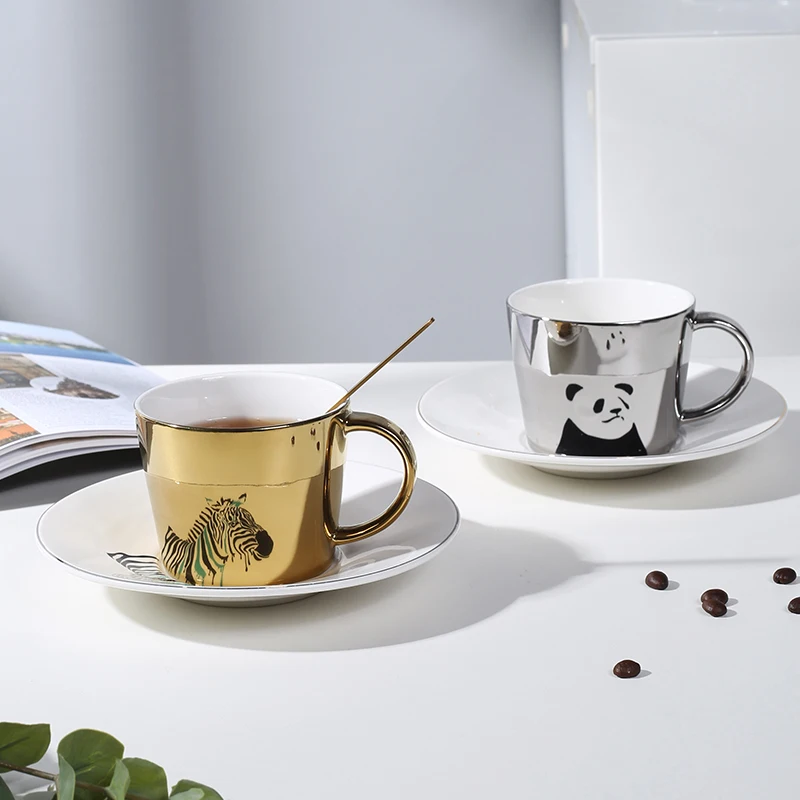 90/250 ML Ceramics Mirror Surface Coffee Cup Saucer Spoon Set Ceramic Mug Creative Reflex Milk Tea Cup Cafe Party Drinkware