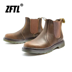 ZFTL Men's Chelsea Boots Man Ankle Boots Crazy Horse Skin Basic Boots Casual Slip on Knight boots British retro round toe Bots