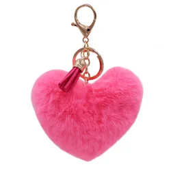 Fluffy Heart Fur Ball Tassel Keychain For Women Faux Rabbit Pompom Car Pendant Keyring Holder Charm Bag Girl Party Gift