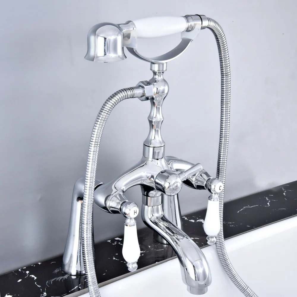 

Deck Mounted Polished Silver Chrome Brass Bathroom Tub Faucet Set with 150CM Handheld Shower Spray Head Bath Mixer Tap 2tf758