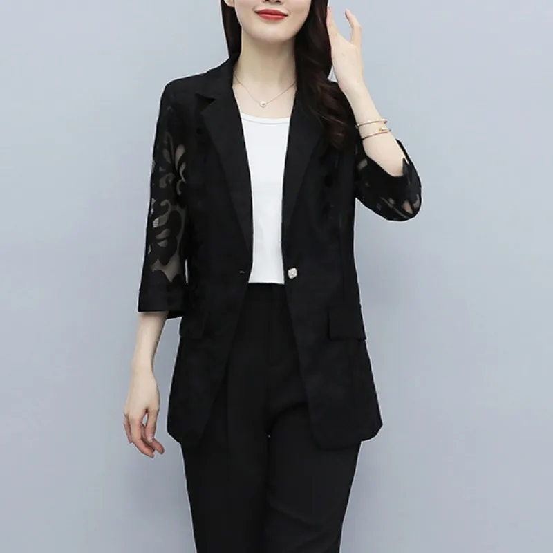 여성 레이스 블레이저 2022 봄 여름 솔리드 컬러 슬림 자켓 Office Lady Outwear Clothing Tops