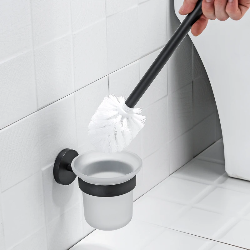 

Toilet Brusher Holder With Round Glass Cup Black Frame Hanger Wall Mounted