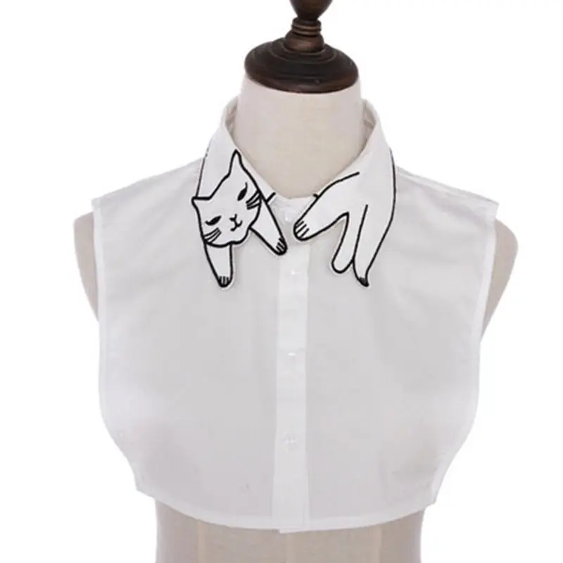 Retro British Style Women Girls Cotton False Fake Collar Cute Cartoon Cat Embroidery Casual Detachable Lapel Half-Shirt Blouse