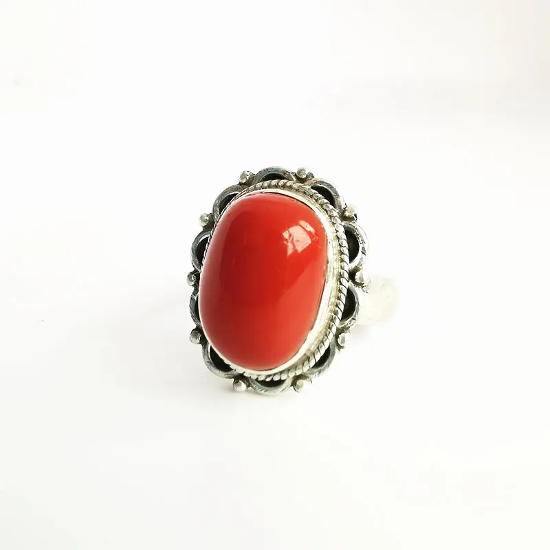 Tibetan Jewelry 925 Silver Inlaid Red Lampwork Rings for Man Lady Vintage Rings T9019