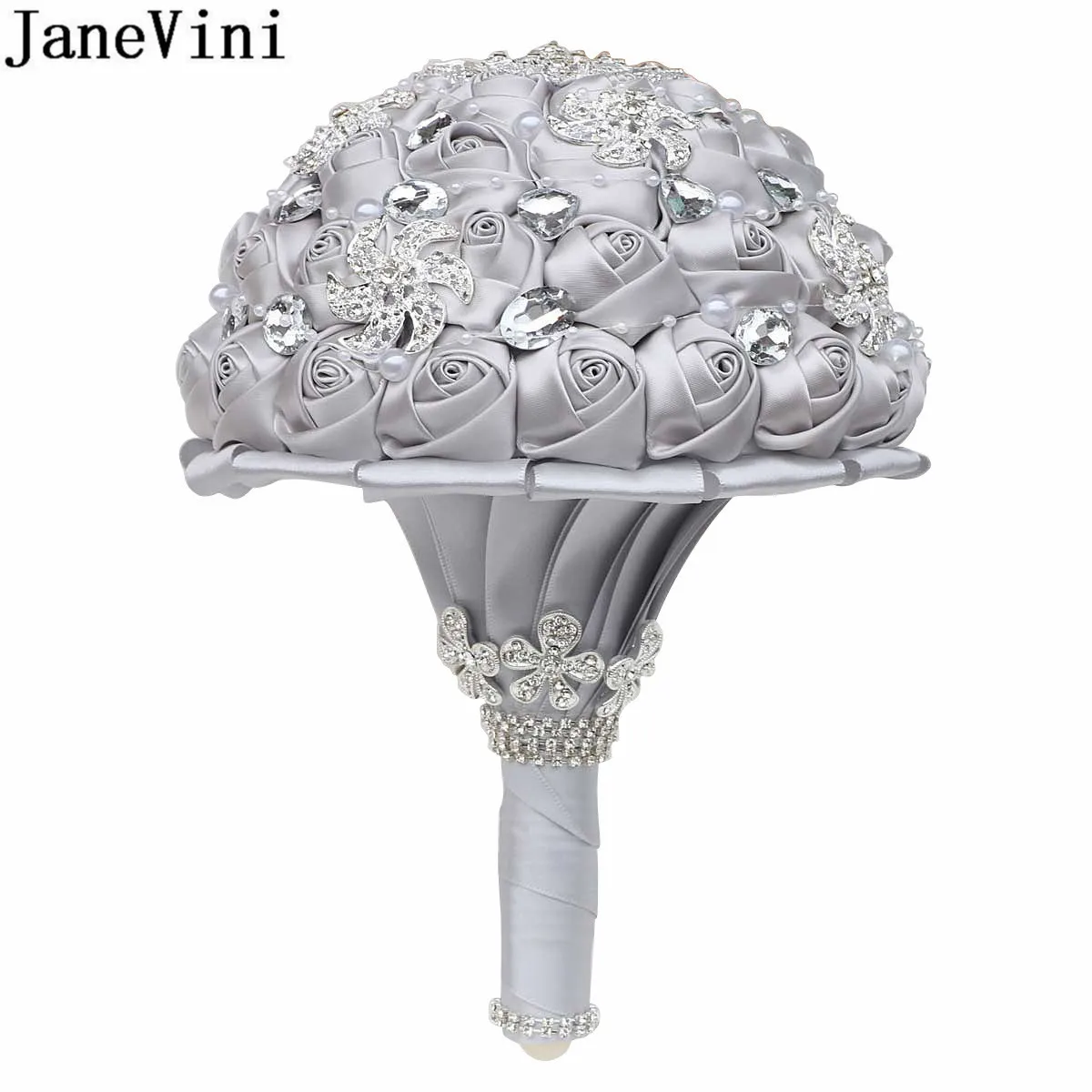 JaneVini – Bouquet de mariage en cristal argenté, bijoux à main de mariée, strass diamant Satin Rose, broche de mariée, accessoires de fleurs