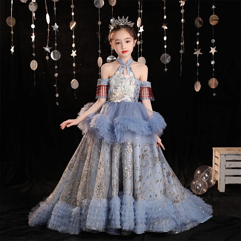 

New Luxury Trailing Evening Dress Girls Appliques Beading Pageant Dresses 2021 Children Birthday Party Gowns Catwalk Costume