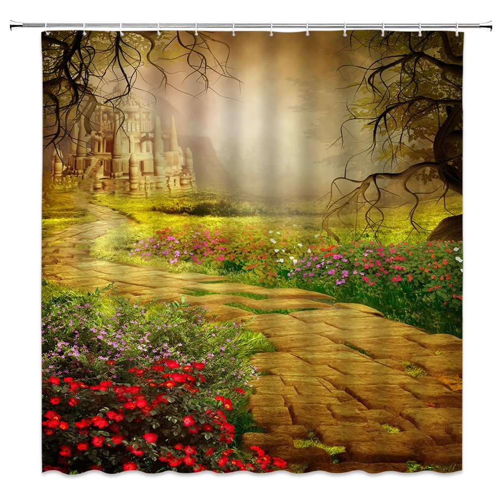 Castle Scenery Shower Curtains Spring Flower Plant Landscape Bathroom Decor Waterproof Polyester Home Bath Cloth Curtain Set