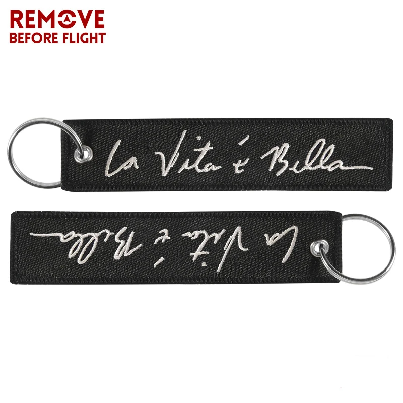 1 PC Fashion La Vita E Bella Car Keychain Black Key Holder for Cars and Motorcycles Key Fobs Embroidery Keychains Jewelry