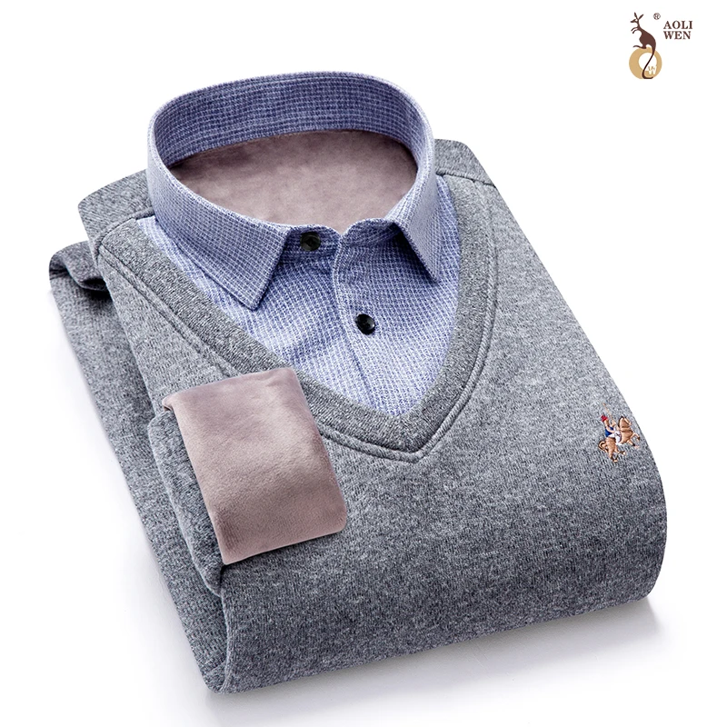 Aoliwen Brand Winter shirt-Neck Thick Warm Sweater Men shirt-neck Mens Sweater Slim Fit Pullover Men Knitwear Male Double collar