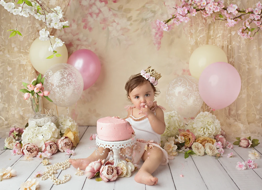 Pink Floral-Newborn Baby Girls Portrait Backdrops Spring Floral Photography Background Dreamy Pink Flowers Cake Smash Backdrop