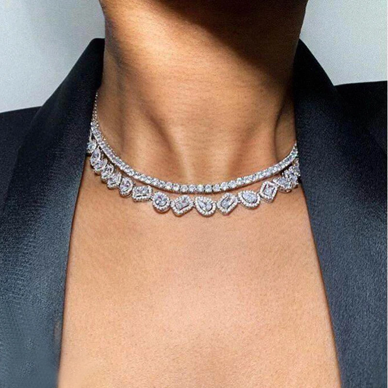 

2024Iced Out Bling Sparking Geometric Rectangle Tear Drop Cubic Zirconia Choker Necklace For Women Fashion Wedding Gift Jewelry