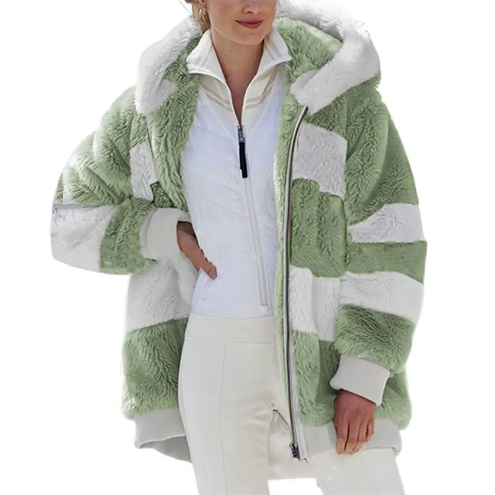 Zip Up Fleece Frauen Jacke 2022 Plüsch Faux Pelz Herbst Winter Patchwork Farbe Mit Kapuze Jacke Frauen Mantel Warm Verdicken