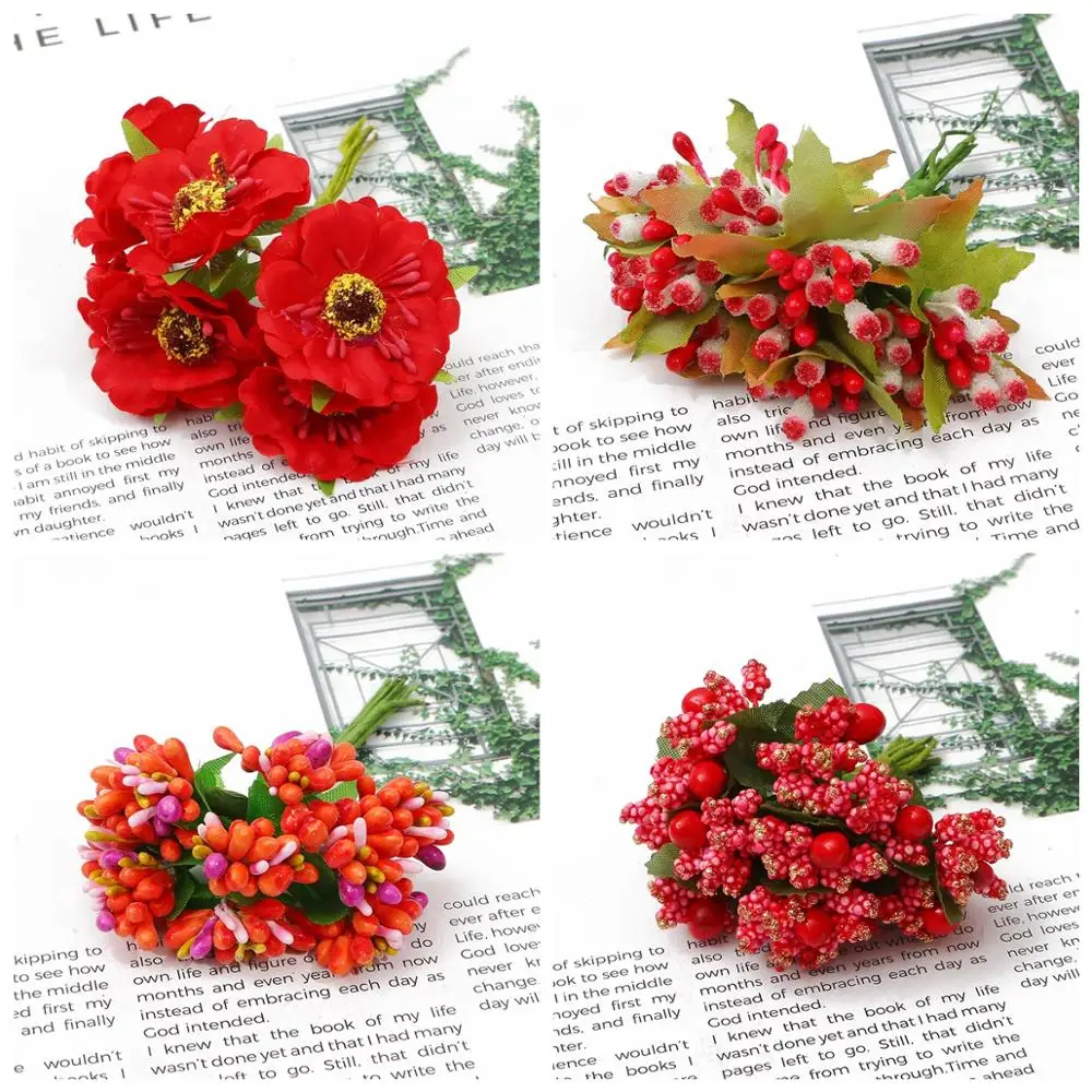 6/10/12/50/60/70/90/144/288pcs Yellow Flower Cherry Stamen Berries Bundle DIY Christmas Wedding Cake Gift Box Wreaths Decor