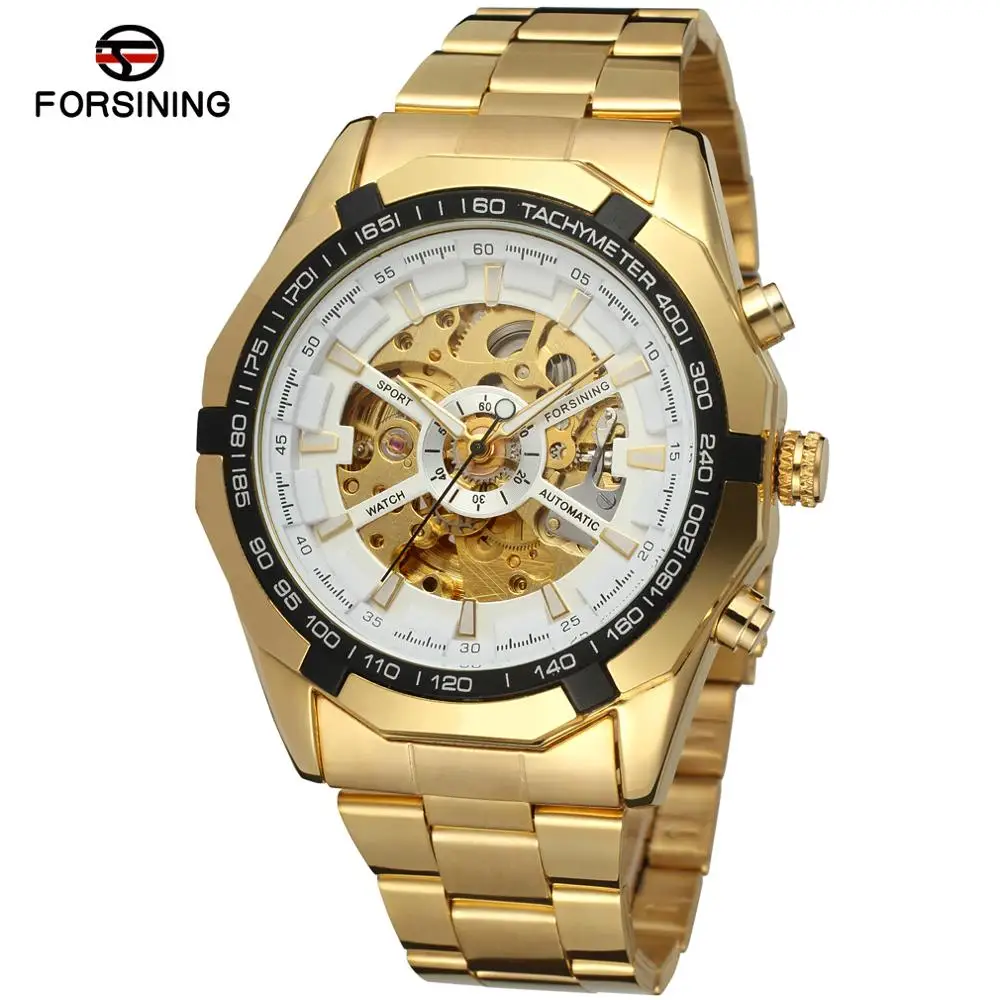 

Forsining Luxury Gold White Dial Roman Numerals Business Men's Mechanical Steel Band Watch