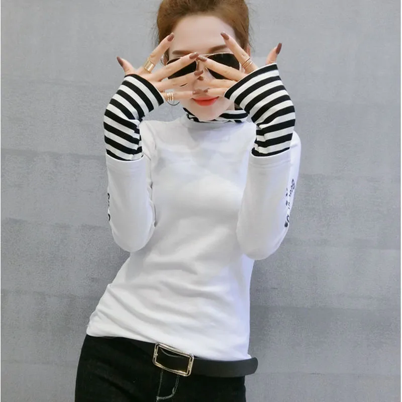 European Fashion Patchwork Striped Thick Broshed Tshirt Autumn Winter Long Sleeve Top Clothes Camiseta Mujer Shirt B1252