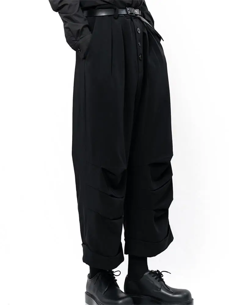 Men's new large Yamamoto style casual wide-leg trousers culottes pleated irregular design dark pants button front trousers