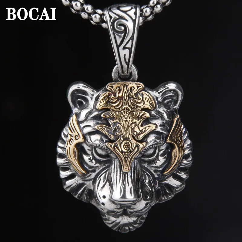 BOCAI New 100% Pure S925 Silver Domineering Tiger Head Men's Pendant Personality Trendy Beast king Zodiac Jewelry Couple Gifts