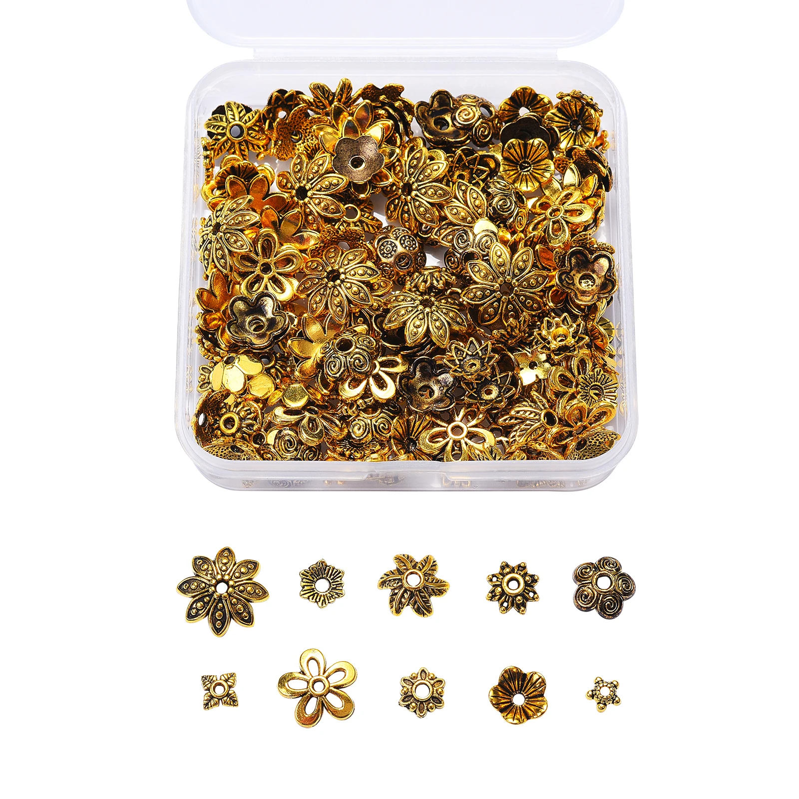 

200Pcs/box 10 Style Tibetan Alloy Bead Cap 5-Petal Flower Losse Space End Caps For DIY Jewelry Making Accessories