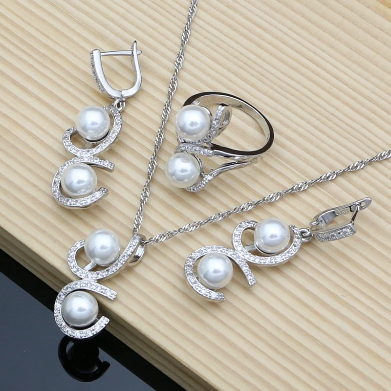 

Women Silver 925 Bridal Jewelry Sets - White Pearl Pendant Earring Ring Necklace Birthday/Anniversary Mother’s Day Jewelry Gifts