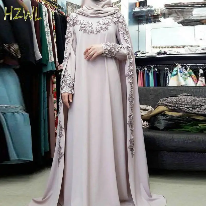 Elegant Cape Style Arabic Robe Lace Appliques Beads Evening Gowns Saudi Arabia Dubai Long Sleeves Prom Dresses Vestidos