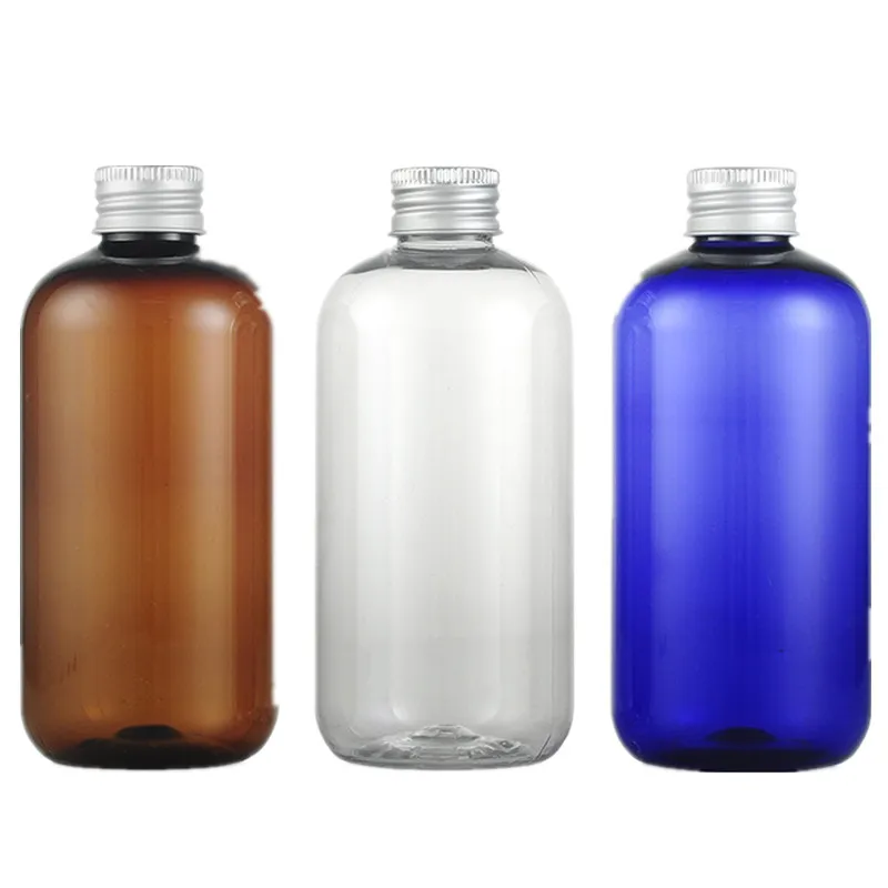 30pcs/Lot 250ml Amber Blue Clear Color Short Fat PET Bottle Empty Plastic Toner Makeup Water Bottle With Aluminum Cap Inner Plug