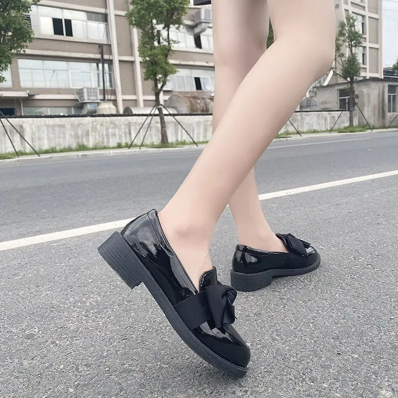 Solid Black Shoes donna 2020 autunno Oxford Shoes For Women New Round Toe Bow Knot Slip on tacchi spessi scarpe Casual in pelle