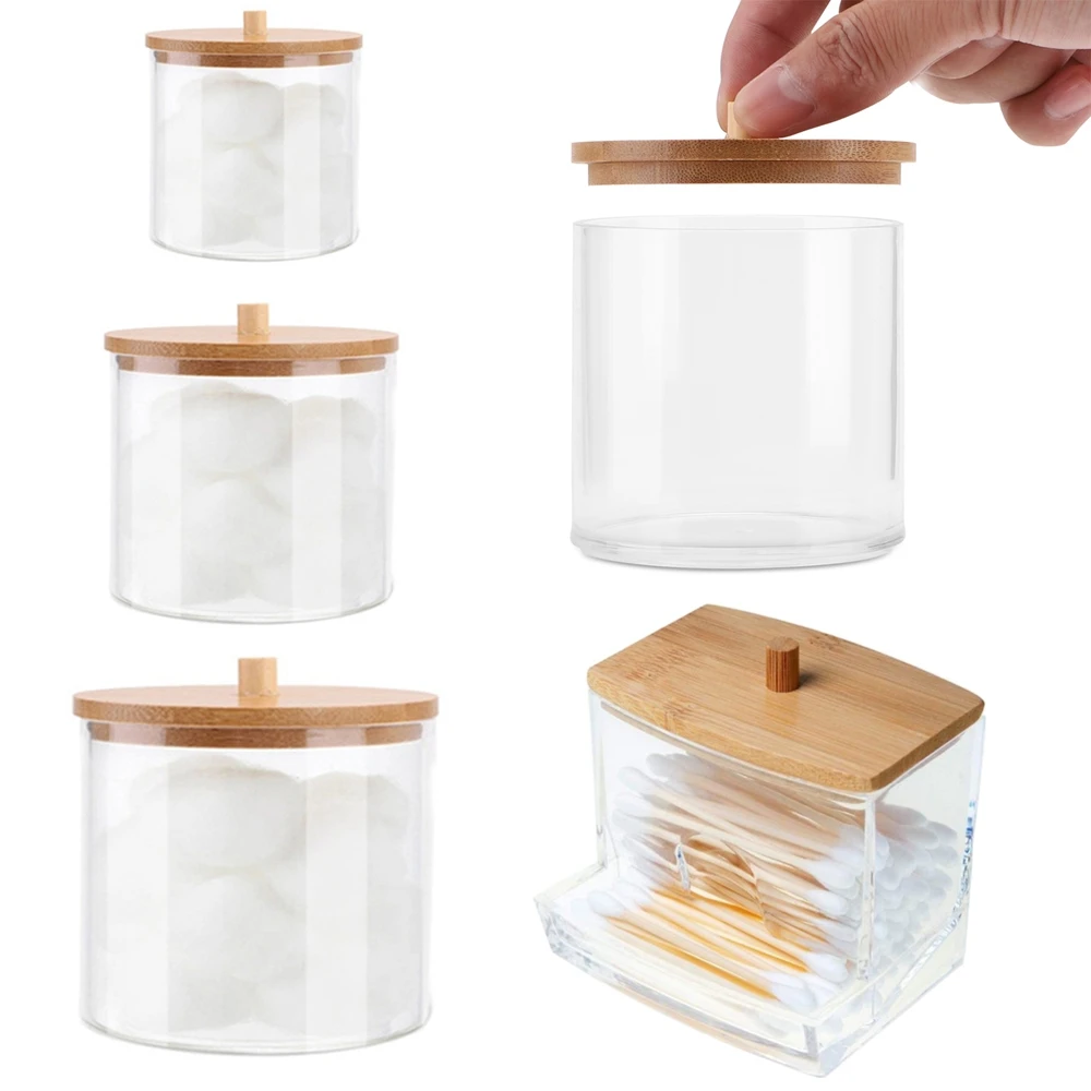 Acrylic Qtips Holder Dispenser Bathroom Jars with Bamboo Lids, Cotton Ball Pad Round Swab Holder for Bathroom Accessories Storag