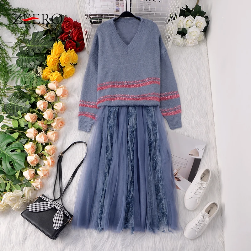 

Autumn Winter Fashion Casual Work Women Set Knit Sweater O-neck Long Sleeve Tops Pullovers + Mesh Skirts Suit Two Piece Set