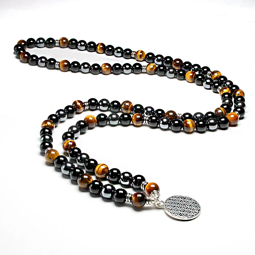 Natural Tiger Eye Spiritual 108 Mala Bracelets Women Men Revelation 8MM Hematite Beads Bracelet Yoga Meditation Charm Jewelry