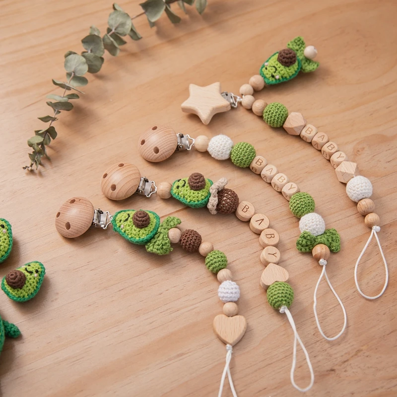 

1pc Baby Pacifier Chain Avocado Cartoons Crochet Animal Silicone Beads Nipple Holder Teether Baby Teething Toys For Baby Gifts