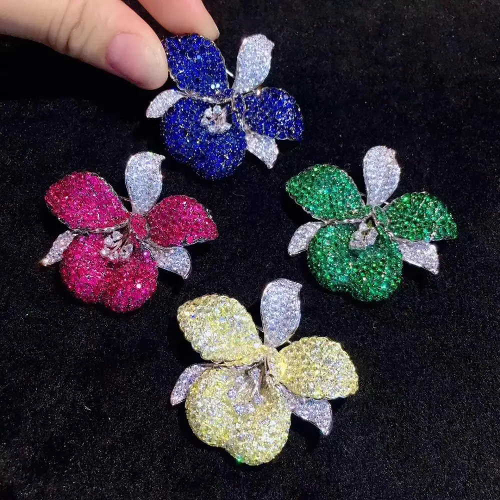 925 sterling silver with cubic zircon flower brooch pin orchid blue green yellow rose red color  high quality 41*45MM fashion