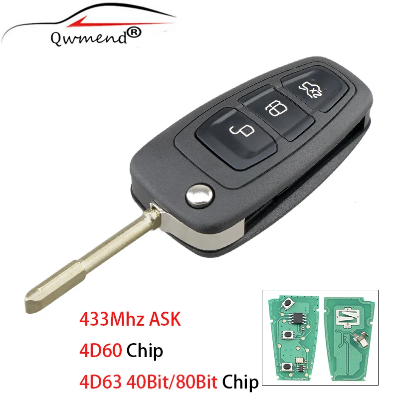 FO21 Blade ASK Smart Car Flip Key for Ford Focus Mk1 Mondeo Transit Connect Remote Car Key Fob 433Mhz 4D60 ID63 Chip 3 Button