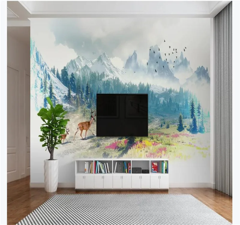 

Custom wallpaper mural decoration painting Nordic style minimalist forest snow mountain elk background wall