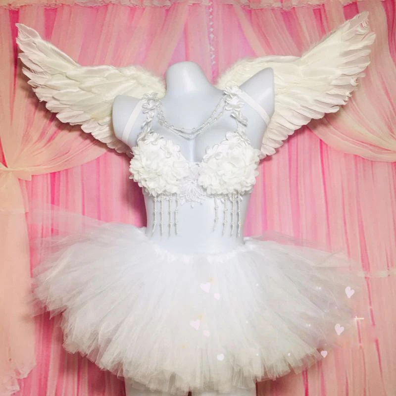 Sexy White feather Bar gogo costume luminous tutu skirt suit little angel nightclub birthday costume