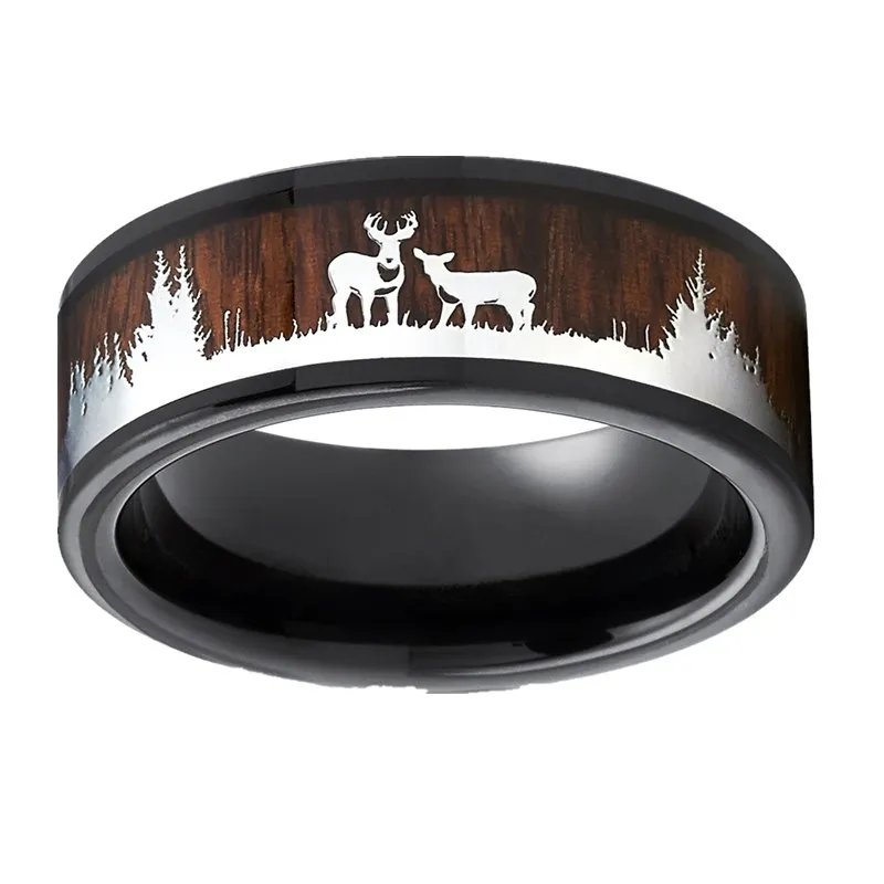 Fashion 8mm Men\'s Black Tungsten Wedding Band Hunting Rings Wood Inlay Deer Stag Silhouette Engagement Ring Men’s Wedding Band