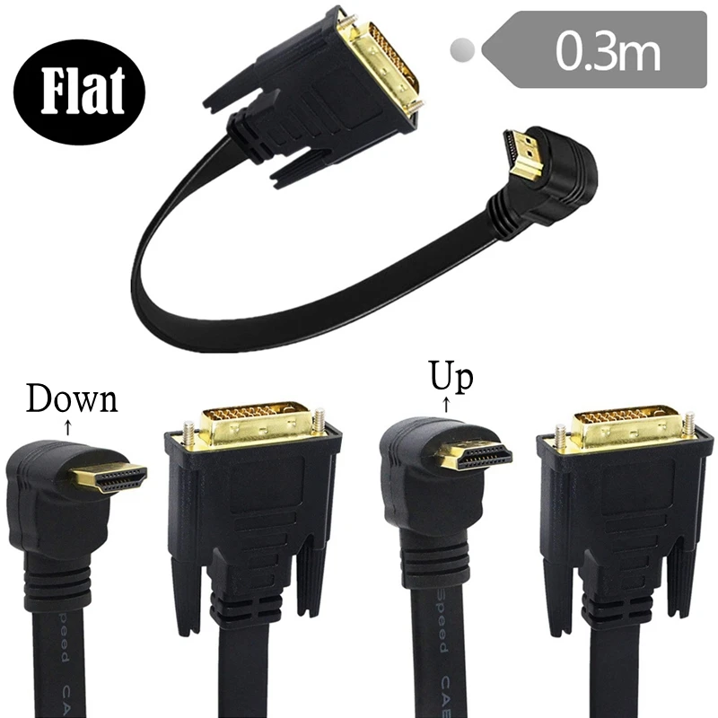 Flat Slim 90 Degree HDMI-compatible To DVI Cable Male 24+1 DVI-D Male Adapter For HDTV DVD Projector PlayStation 4 PS4/3 TV BOX