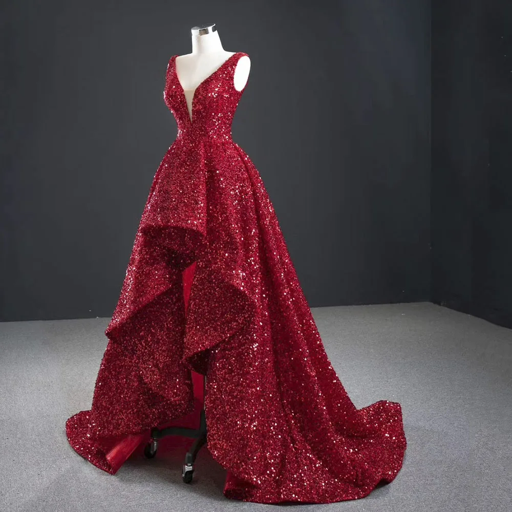 Glamorous Red Sequin High And Low Evening Gowns For Women Elegant Long Luxury V-neck 2022 Party Dress  Dubai