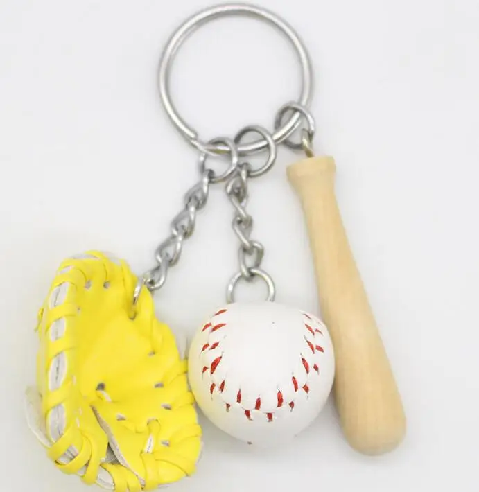 300pcs Mini Three-piece Baseball Glove Wooden Bat Keychain Sports Car Key Ring Gift for Men Women