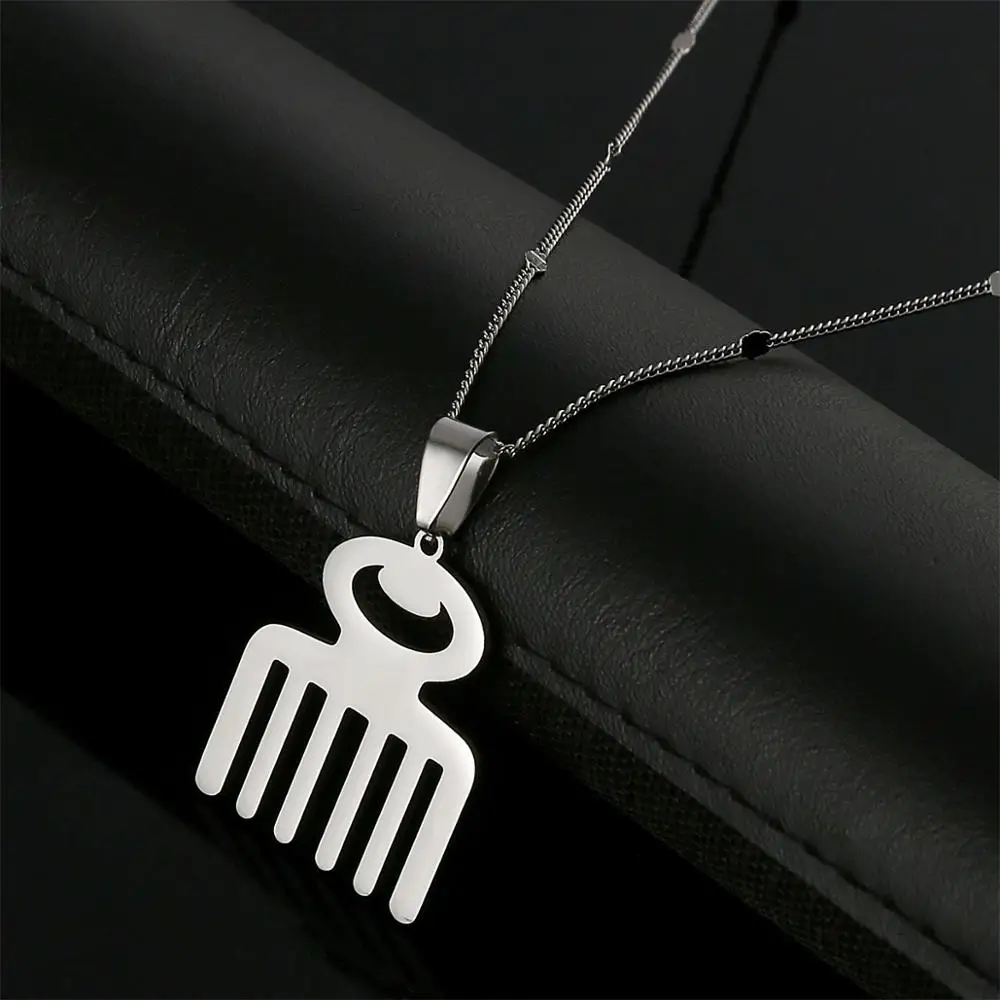 Stainless Steel African Adinkra Symbol DUAFE Wooden Pendant Necklace Beauty Hygiene Comb Jewelry