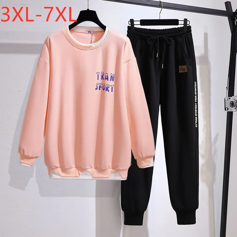 

New 2021 Autumn Winter Plus Size Sports Sets For Women Large Pink Cotton Sweatshirt And Pants Running Suit 3XL 4XL 5XL 6XL 7XL